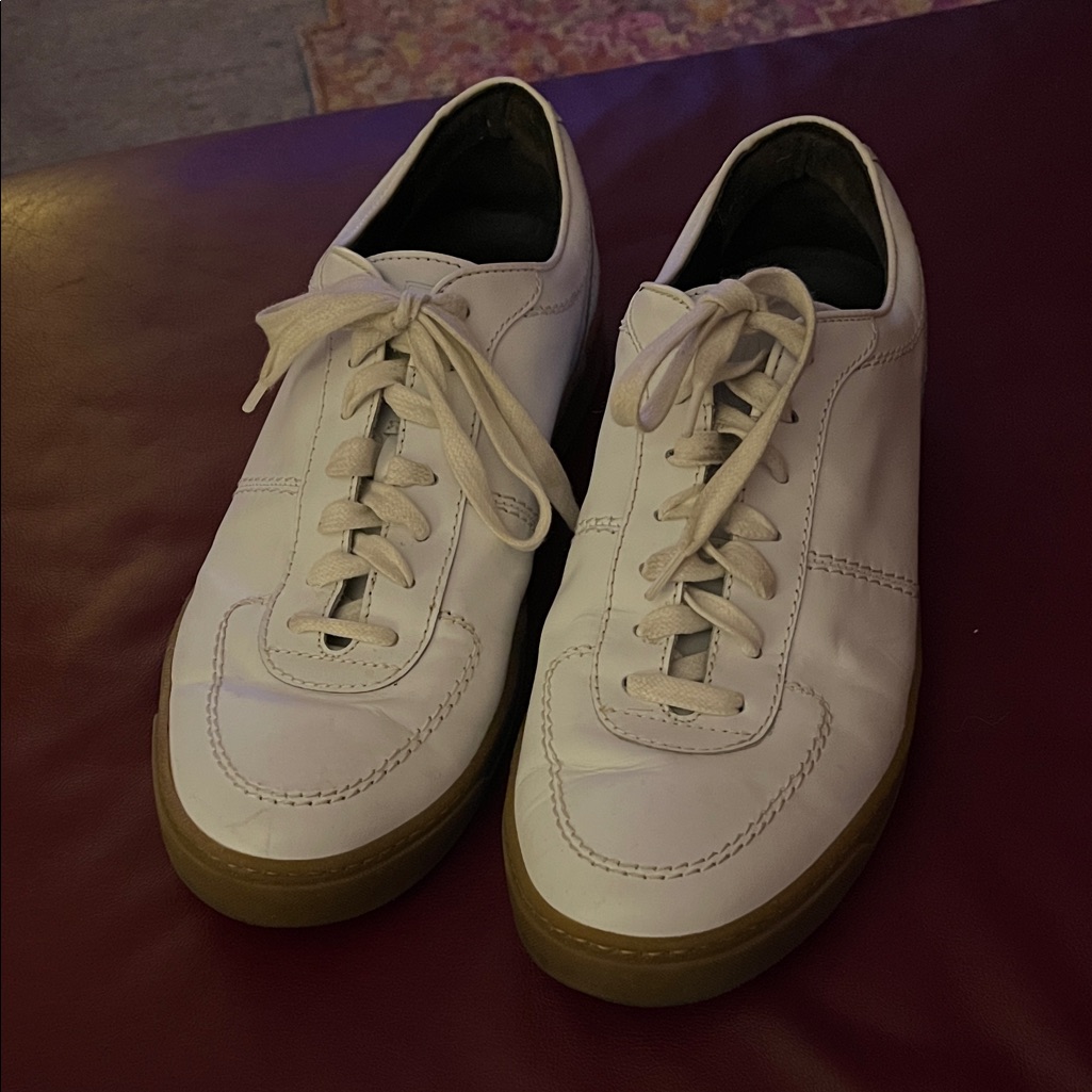 Bruno Magli Dominico White Leather Sneakers With Tan Sole, Size 12 Man